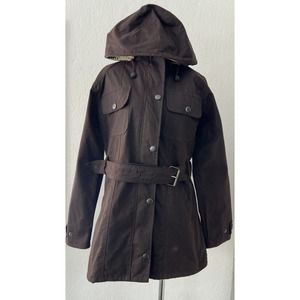 Celtic & Co Women's Waxed Belted Coat Fitted Jacket US 10 Brown w/Hood